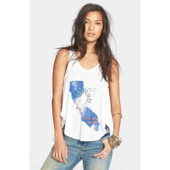 Free People Monroe Waffle Knit California Graphic Pleated Flowing Back Tank Top - Picture 1 of 9